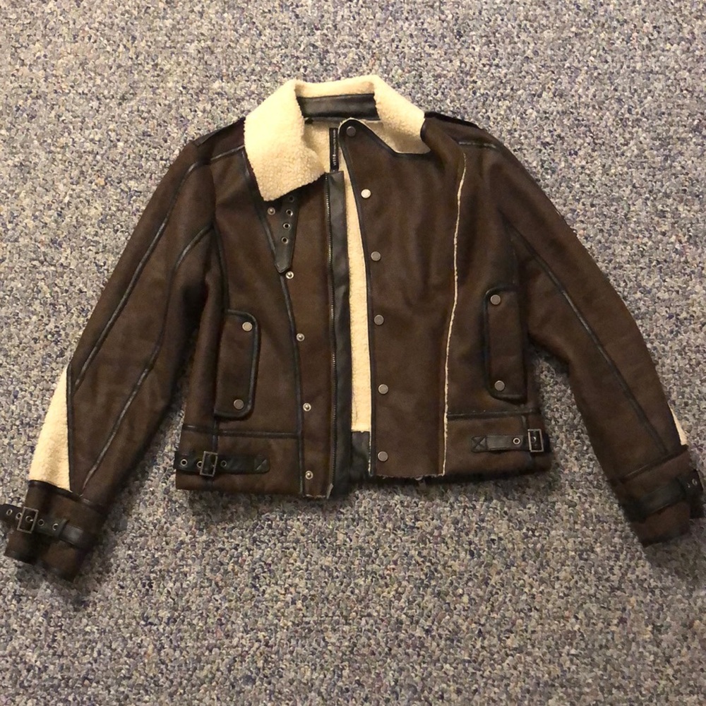 Vintage Women’s Faux Leather Bomber Jacket with Fuzzy Interior